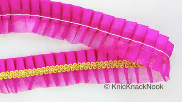 Purple Satin And Purple Net Fabric Trim With Gold Embroidery Trimming, Pleated Lace Trim, Trim